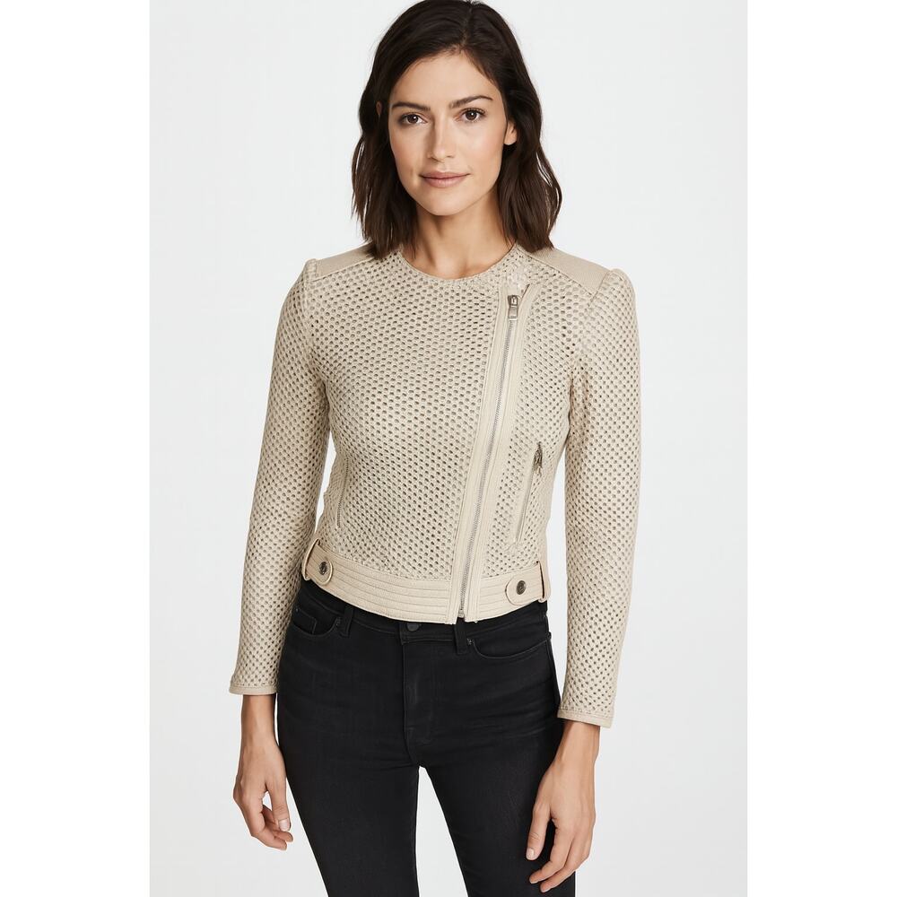 Joie Crochet‎ Knit Lamb Leather Trim Jacket in Cream